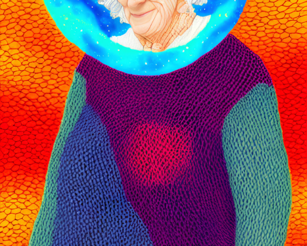 Smiling elderly woman in glasses and colorful sweater with cosmic aura on warm mosaic background