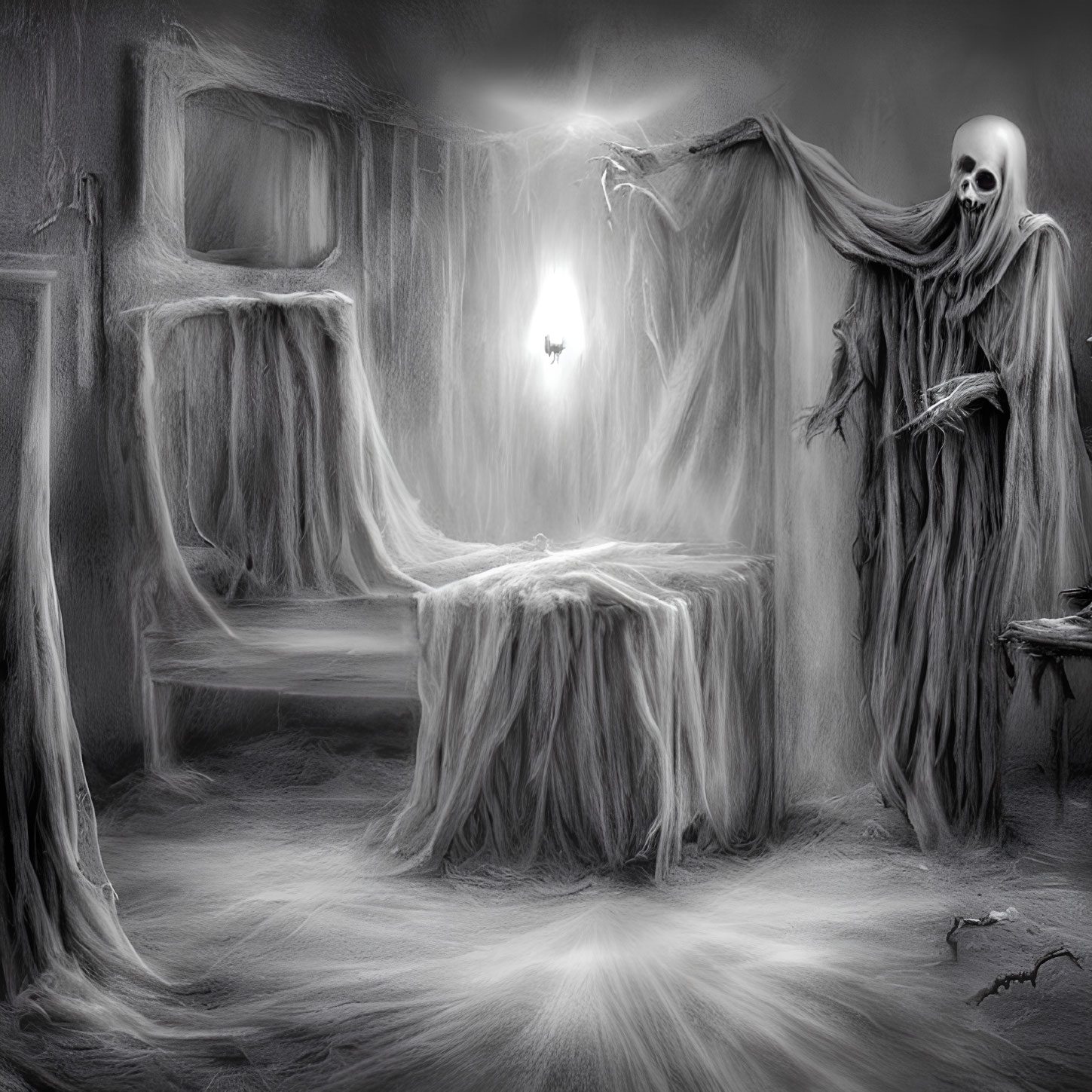 Monochromatic eerie scene with grim reaper and skull.