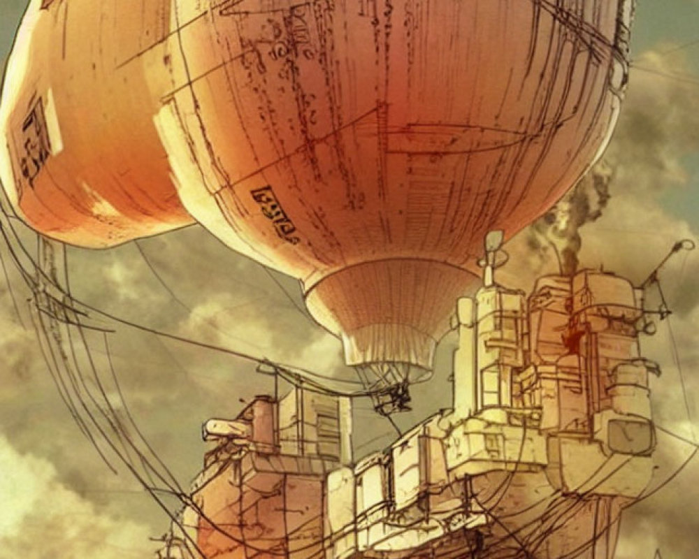 Steampunk-style airship with large balloons over cityscape on cloudy sky