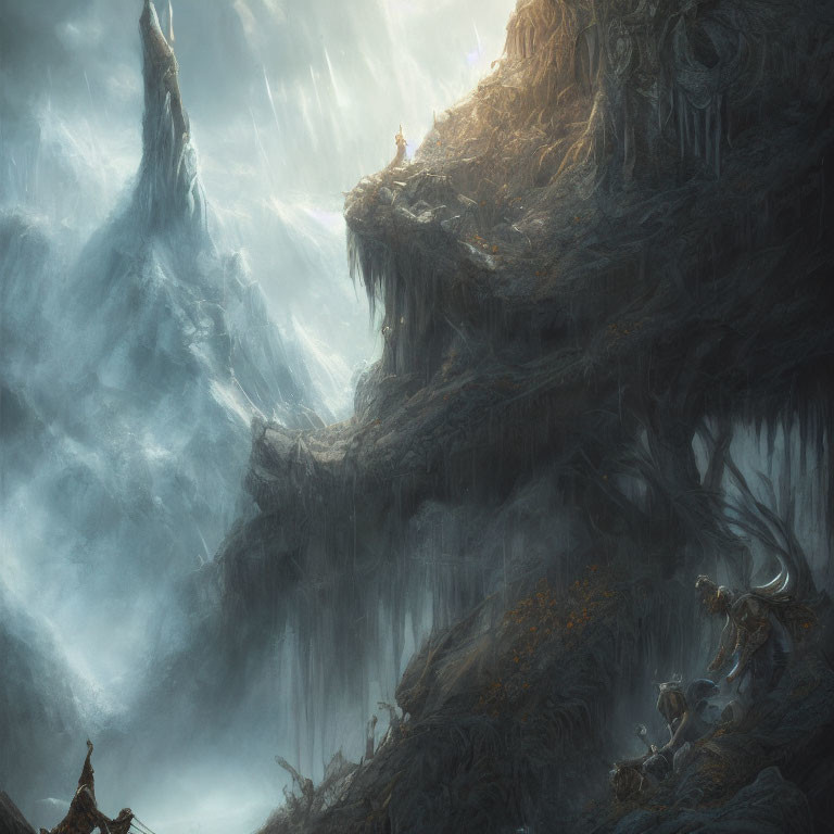 Mystical mountain landscape with towering cliffs and lone figure.