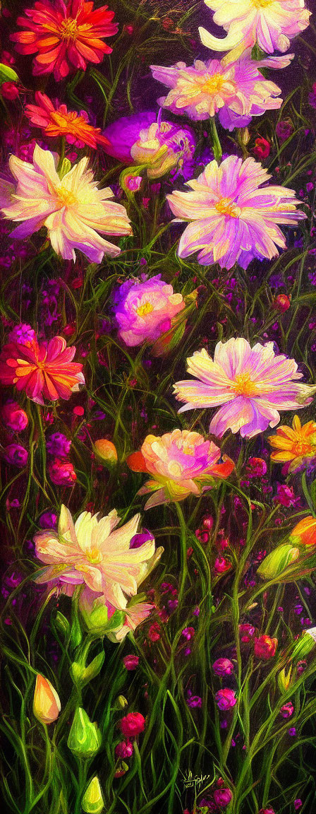 Colorful Flower Garden Painting Against Dark Background