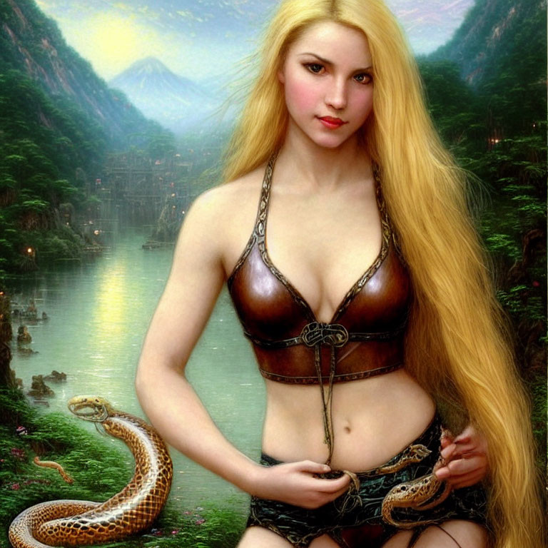 Blonde woman holding snake in fantasy landscape