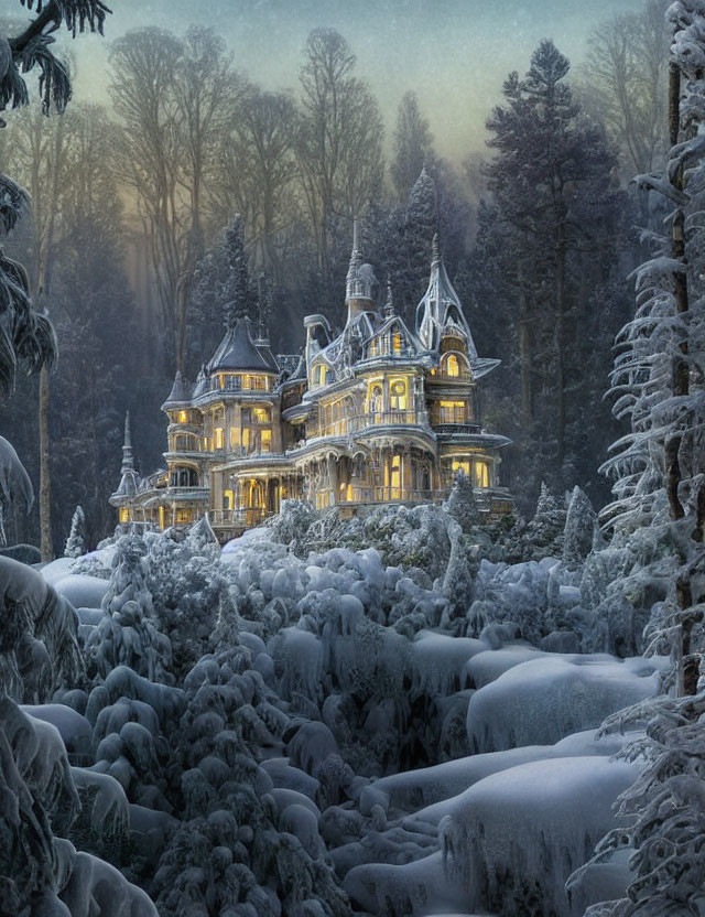 Victorian mansion in snow-covered forest at twilight