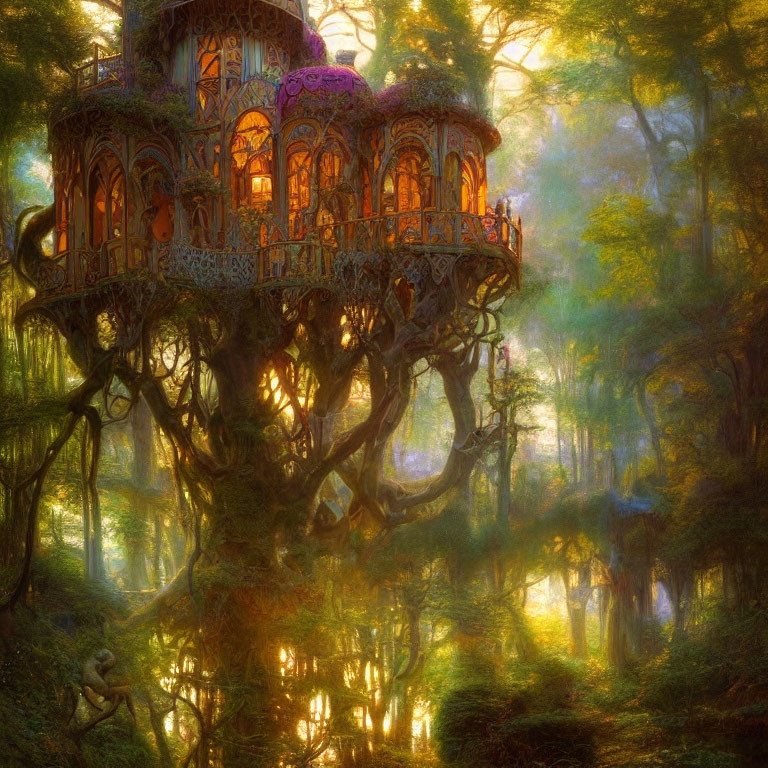 Ethereal treehouse in sunlit forest with intricate designs