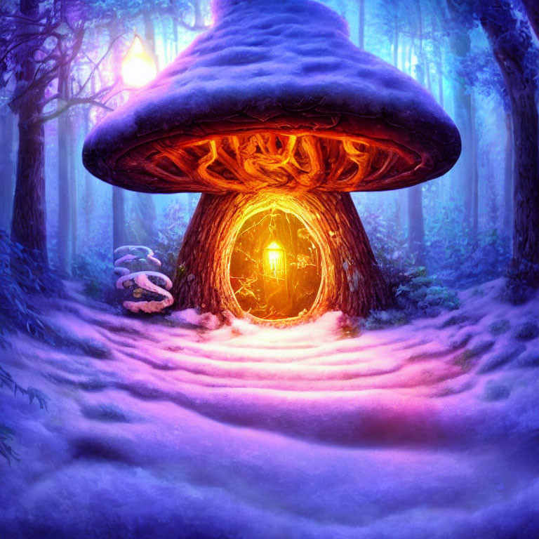Enchanted forest scene with glowing oversized mushroom house in mystical blue hues
