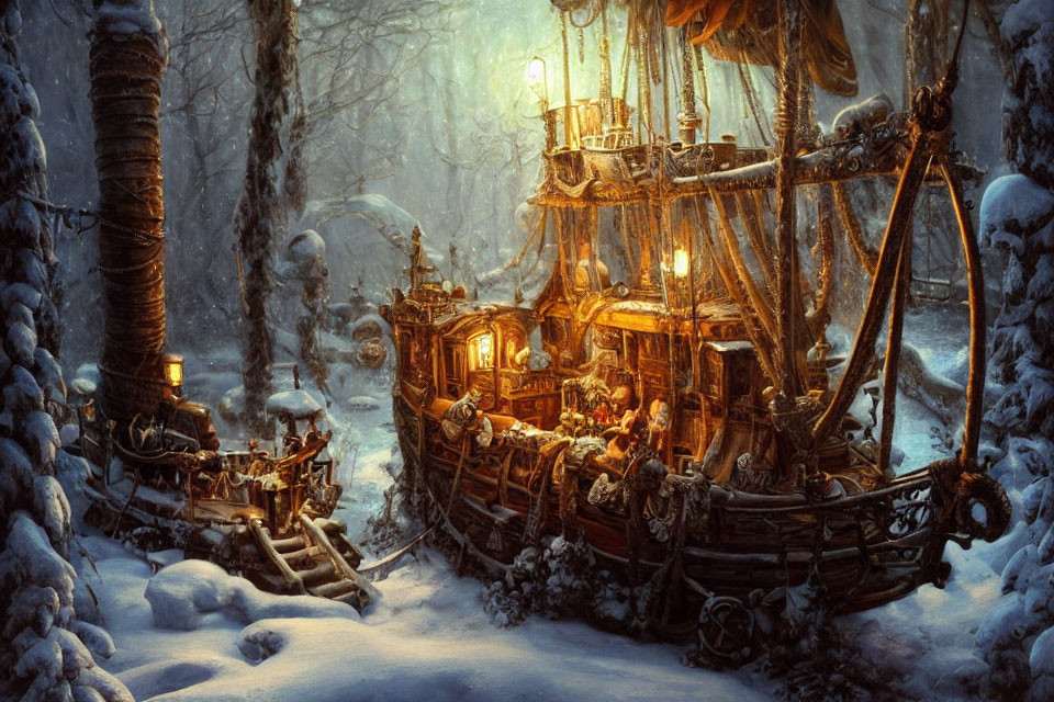 Snowy Forest Night Scene: Old Shipwreck Illuminated with Warm Light