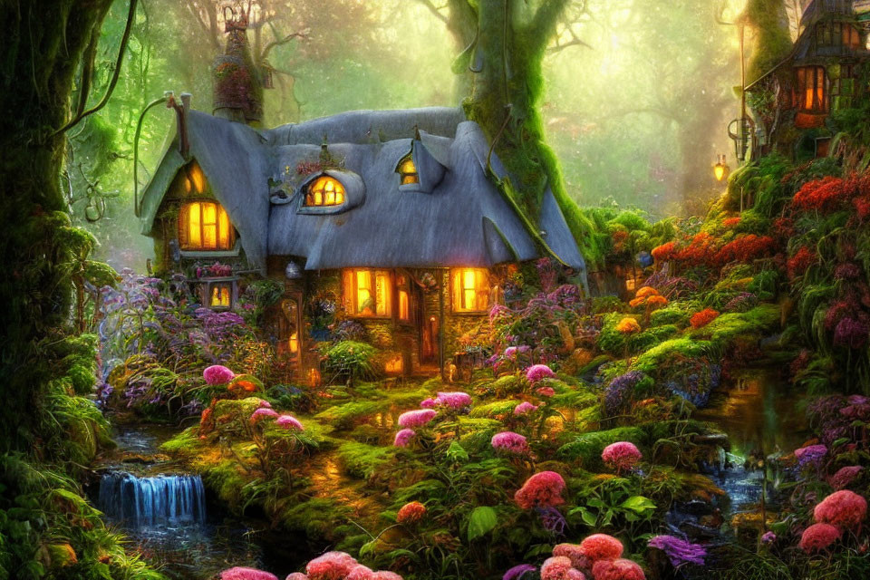 Enchanted forest scene with glowing cottage and vibrant nature