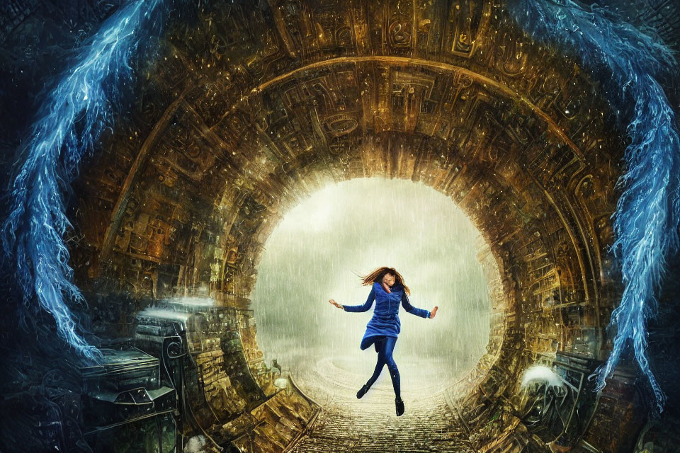 Woman in Blue Dress Suspended in Golden Tunnel with Water Vortexes