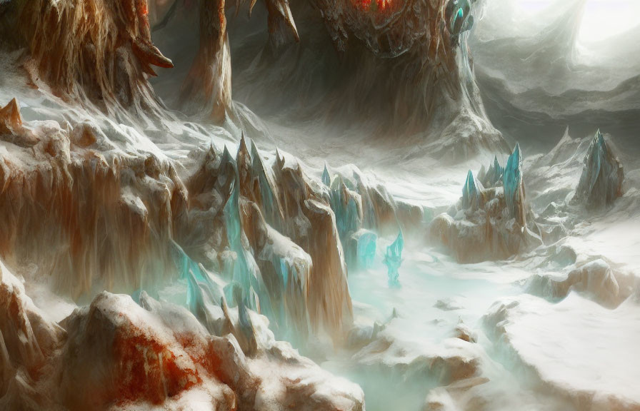 Mystical icy landscape with jagged ice formations and reddish rocky outcrops