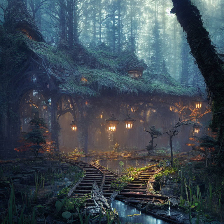 Mystical tree house in enchanted forest with lanterns and old railway track