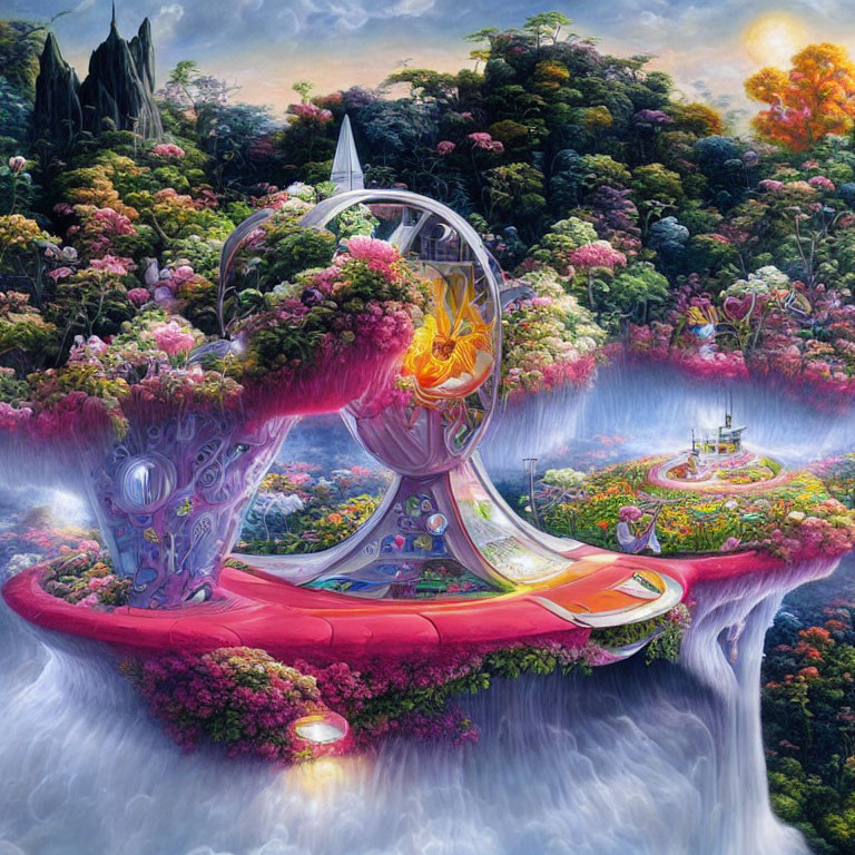 Colorful fantasy landscape with futuristic structure, lush flora, floating islands, waterfalls, and glowing sunset