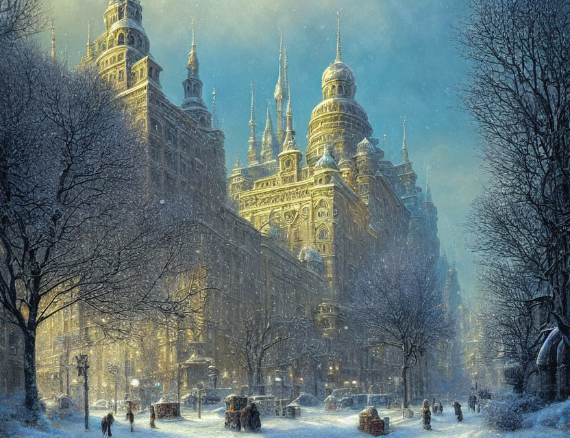 Snowfall over illuminated city street with ornate buildings and people.