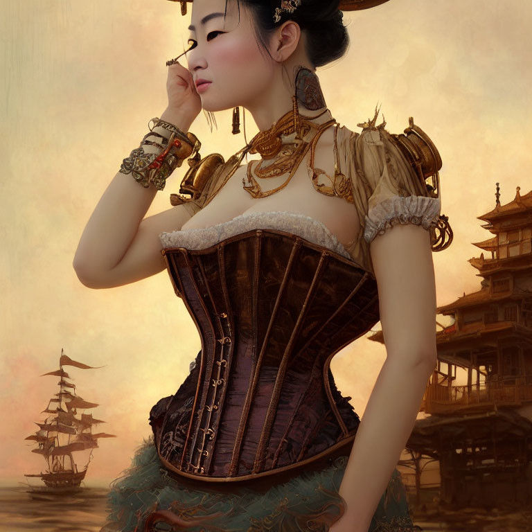 Steampunk-inspired woman in corset with ship and architecture.