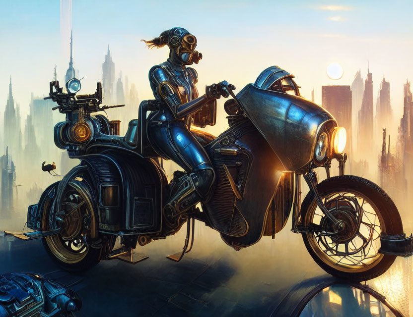 Futuristic robot in sleek armor on heavy-duty motorcycle in cityscape at sunrise or sunset