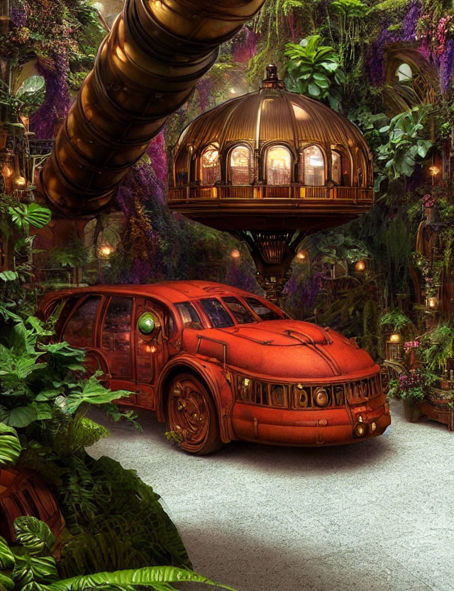 Steampunk scene featuring retro-futuristic car and floating balloon-like building