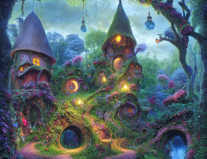 Whimsical treehouses in lush fantasy forest