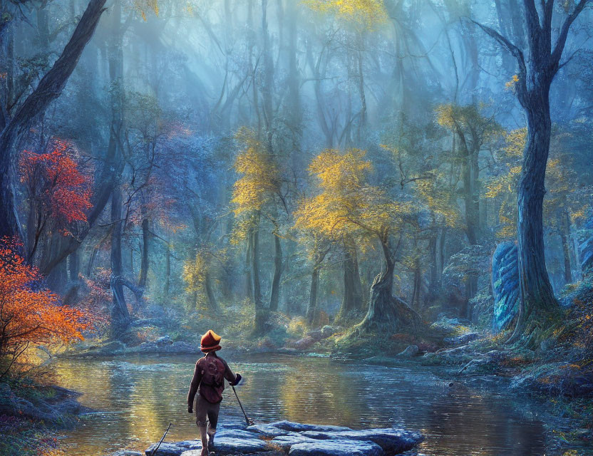 Person in hat crosses stream in mystical forest with autumn sunlight.