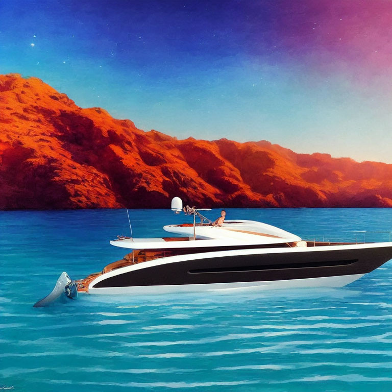 Luxury yacht near rocky shore under gradient sky with person on deck