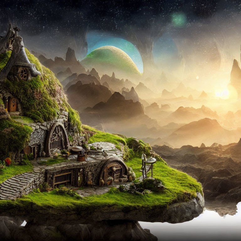 Whimsical landscape with hobbit-style house, verdant foreground, and celestial sky
