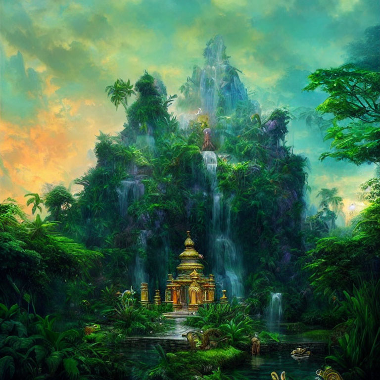 Vibrant landscape with golden temple, waterfall, and colorful sky