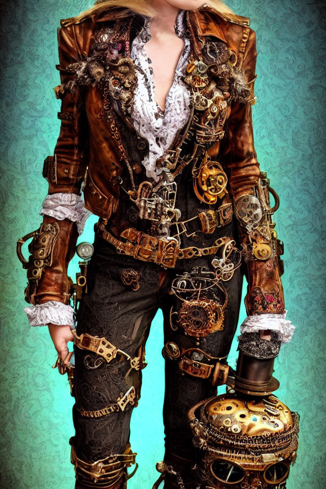 Steampunk-themed person in leather jacket with gears and lace.