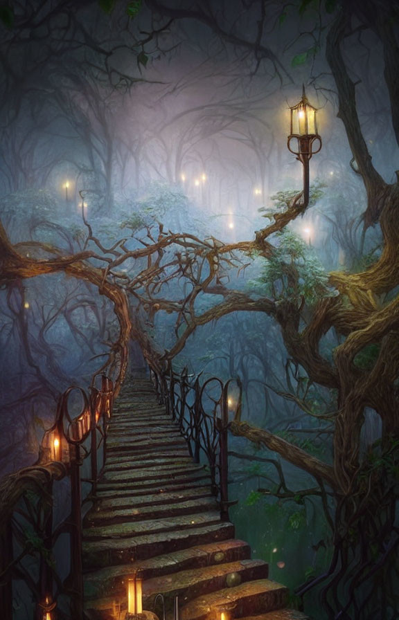 Ethereal forest with wooden bridge and glowing lanterns