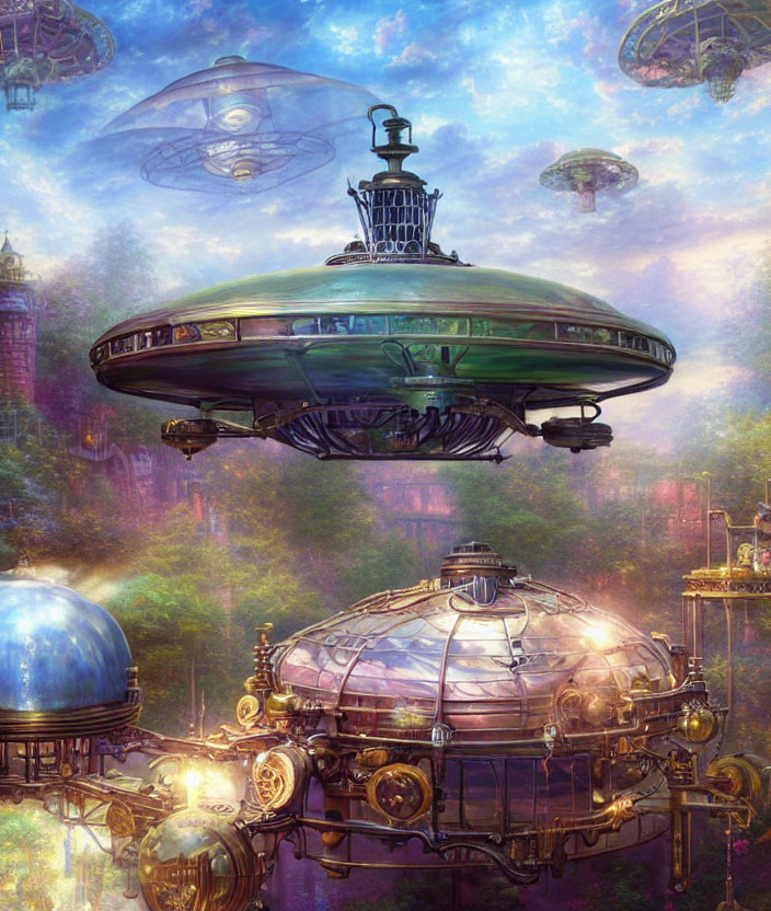 Fantastical steampunk cityscape with flying saucers in dreamy sky