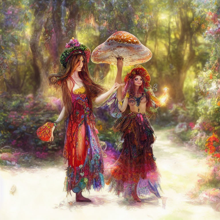 Colorful Female Figures Carrying Oversized Mushrooms in Enchanted Forest