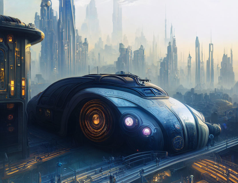 Futuristic cityscape with towering skyscrapers and sleek blue vehicle