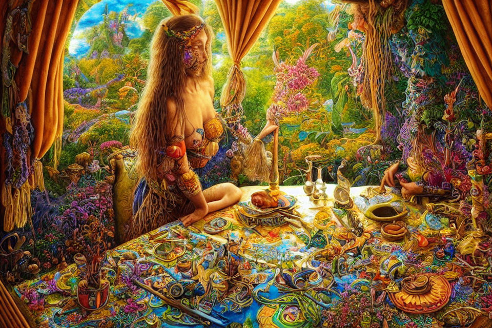Colorful fantasy scene with satyr in lush room filled with flora, fauna, patterns, and objects