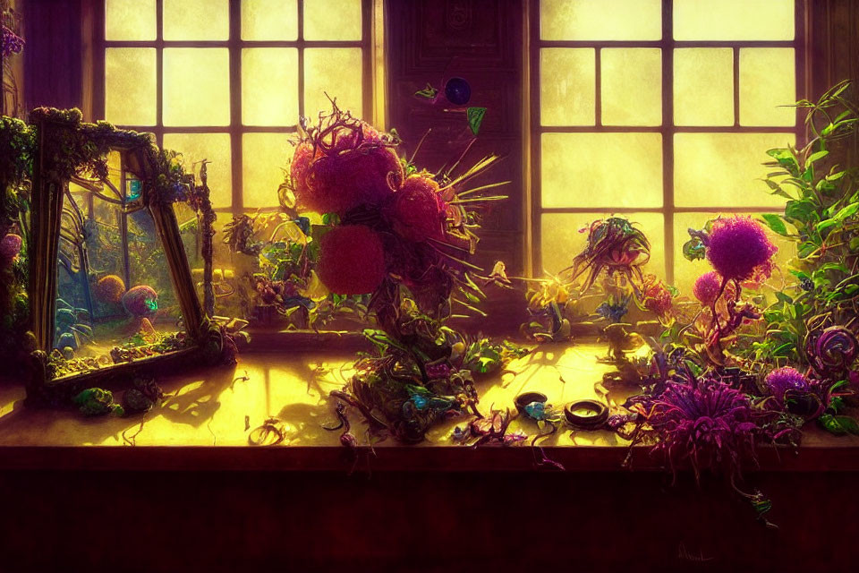 Sunlit Room with Overgrown Flowers and Empty Frame