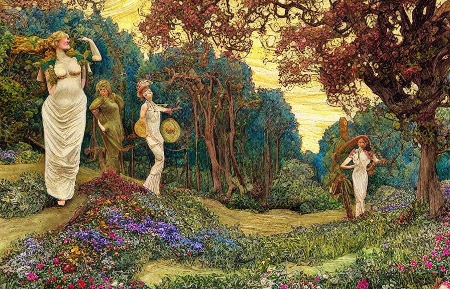 Four Women in Flower-Filled Forest with Wheat, Sickle, Flute, and Tree