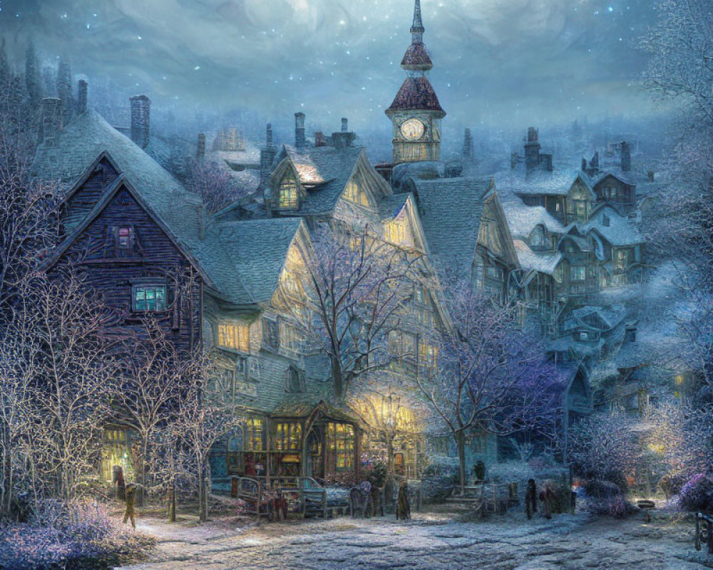 Snow-covered village with clock tower and twilight sky