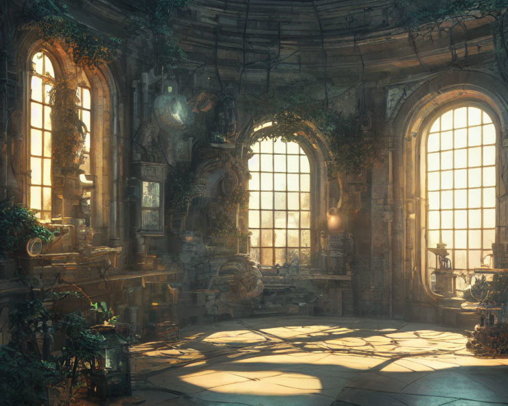 Circular sunlit room with overgrown plants and antiquities in classical setting