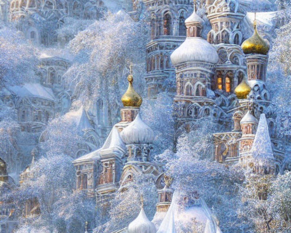 Snow-covered buildings, golden domes, river, icy trees, cloaked figure, and wolf in