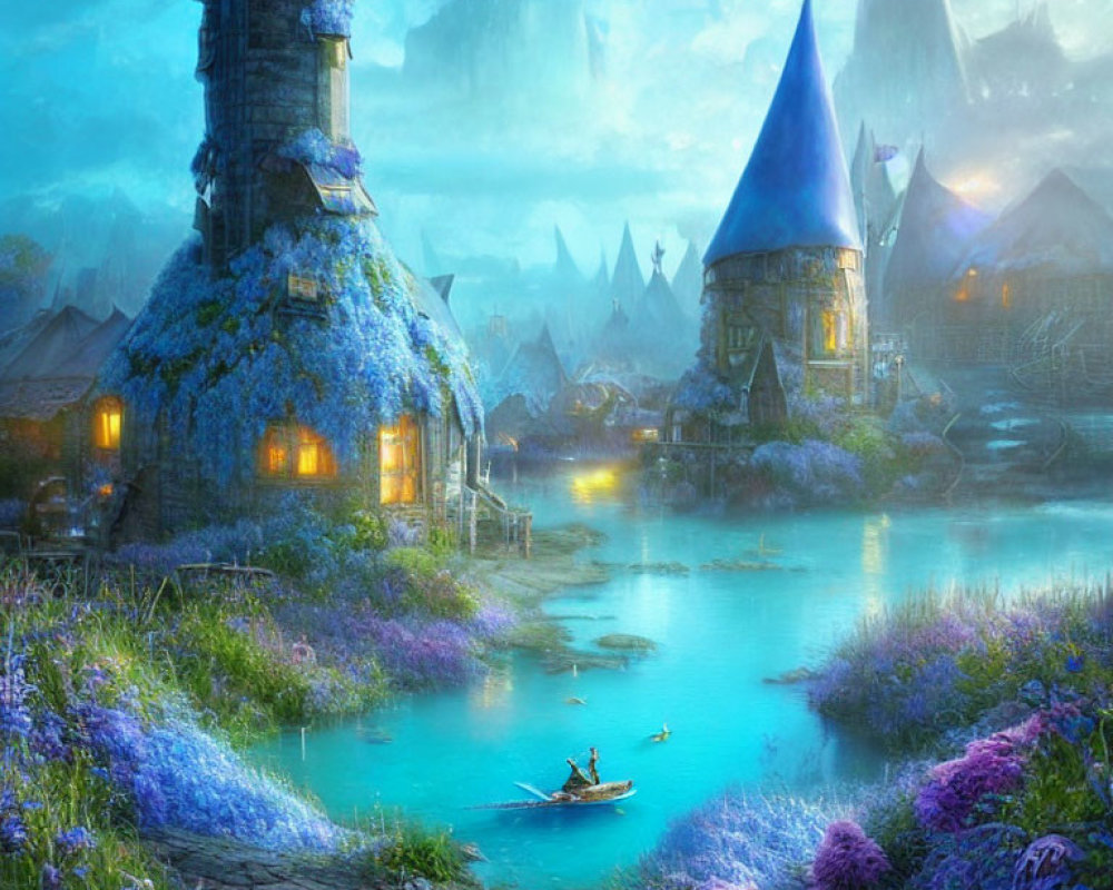 Tranquil fantasy village with blue-roofed towers, lush purple flora, and a serene river