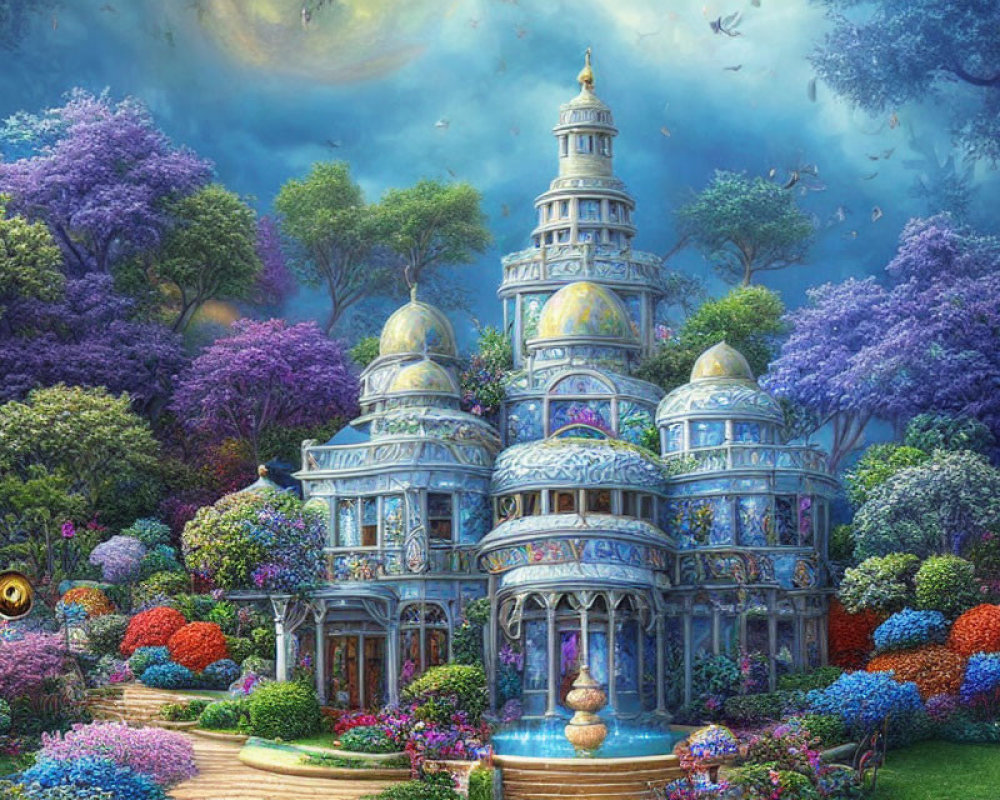 Detailed Fantastical Palace with Lush Gardens and Birds
