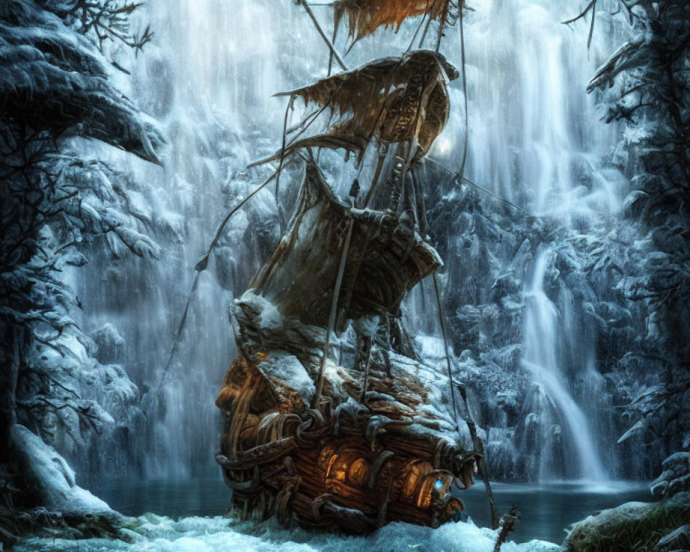 Abandoned ship in frozen landscape with icy waterfalls