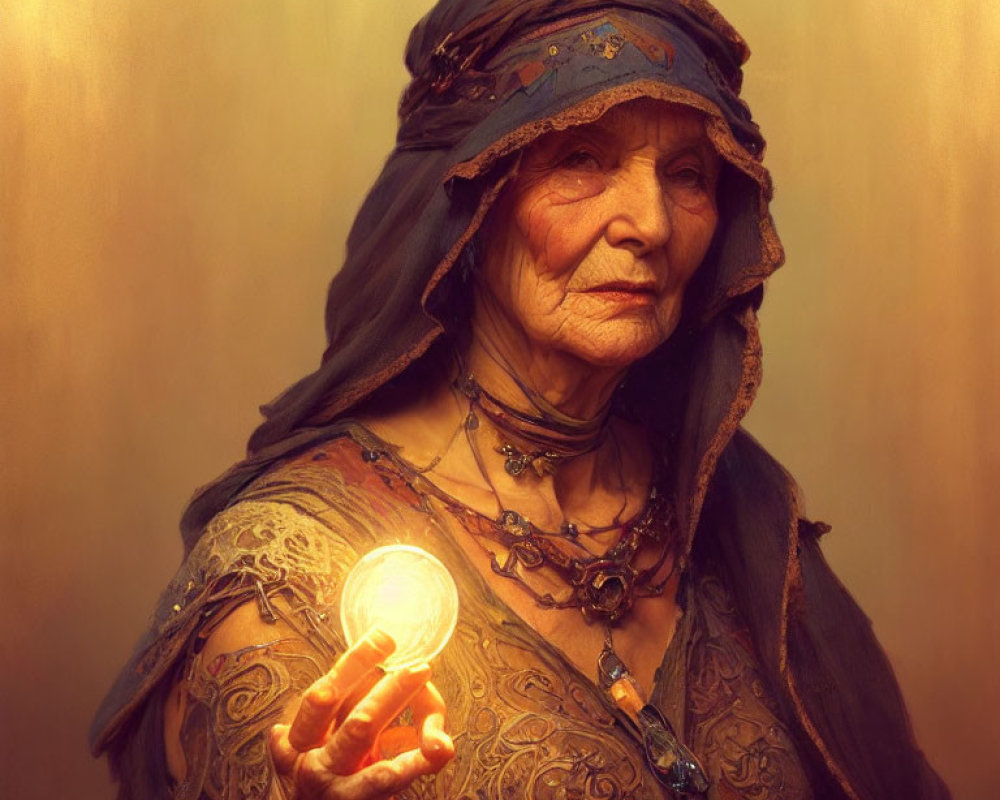 Elderly woman in headscarf and ornate robes holding glowing orb