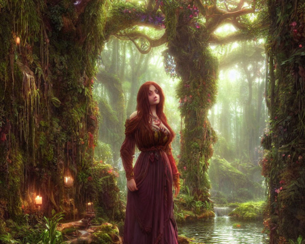 Woman in flowing purple dress in enchanting forest with vibrant greenery and mystical lighting