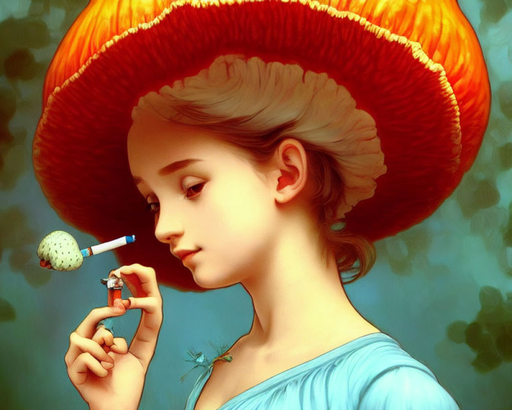 Digital artwork of girl in orange pumpkin hat with dandelion and red object on blue-green background