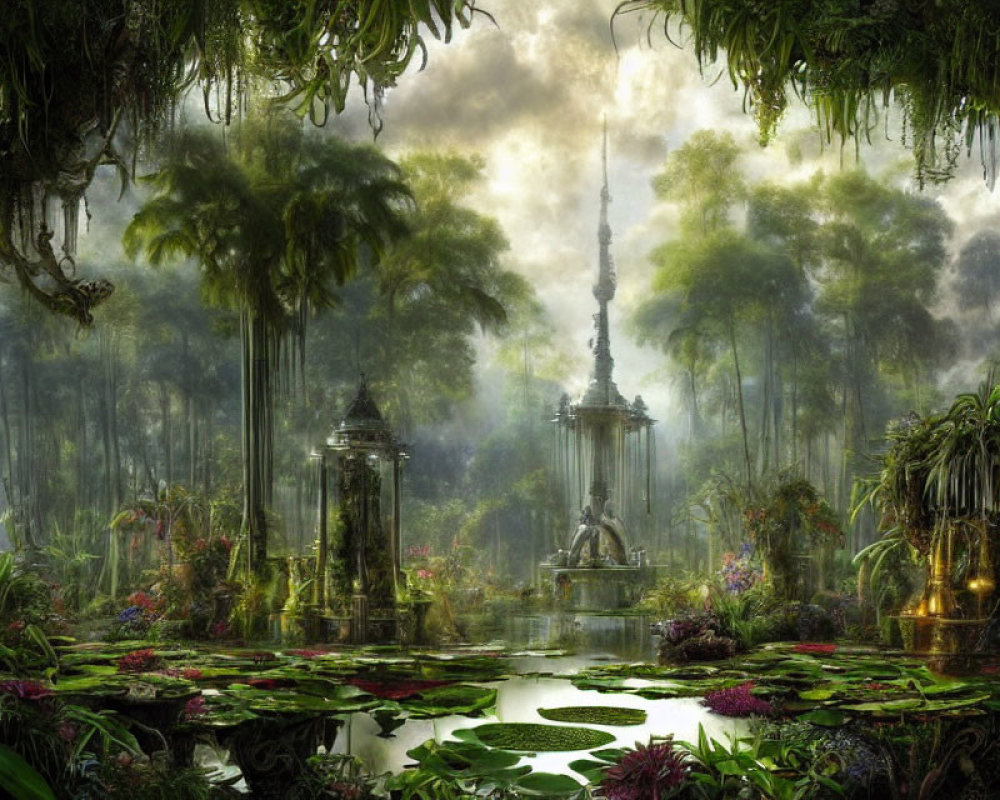 Mystical forest with ancient ruins, dense foliage, hanging gardens, and serene pond in soft mist