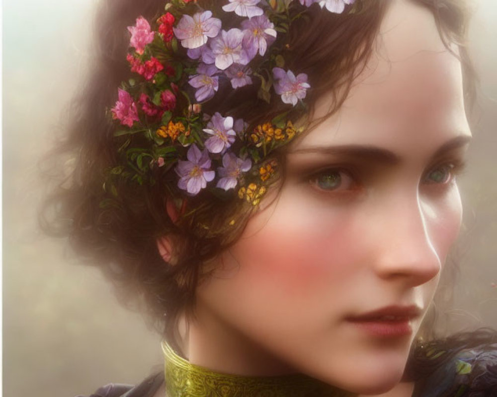 Woman portrait with flower hair, gentle gaze, choker necklace, soft background