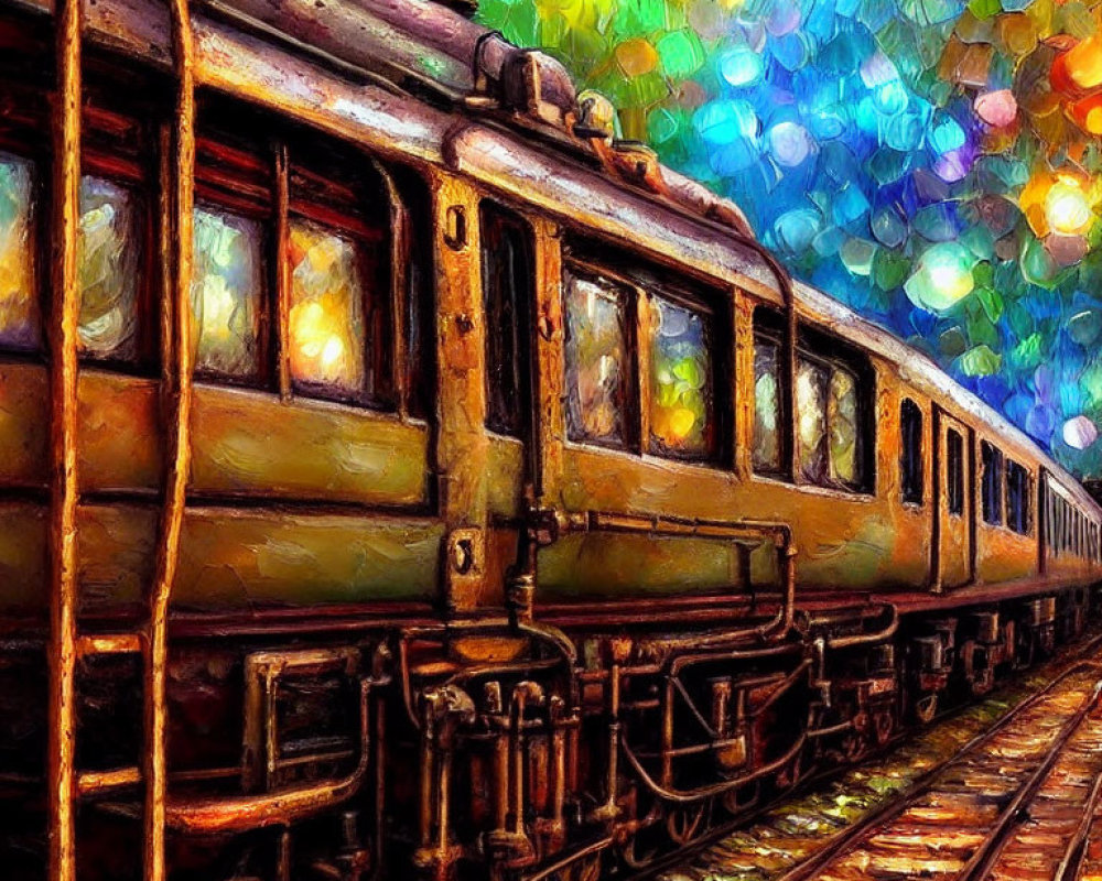 Vibrant impressionist painting of vintage train on tracks