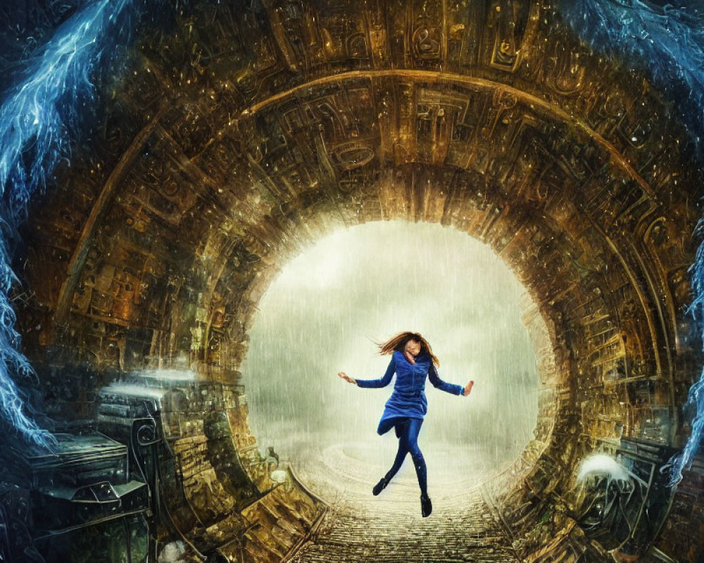 Woman in Blue Dress Suspended in Golden Tunnel with Water Vortexes