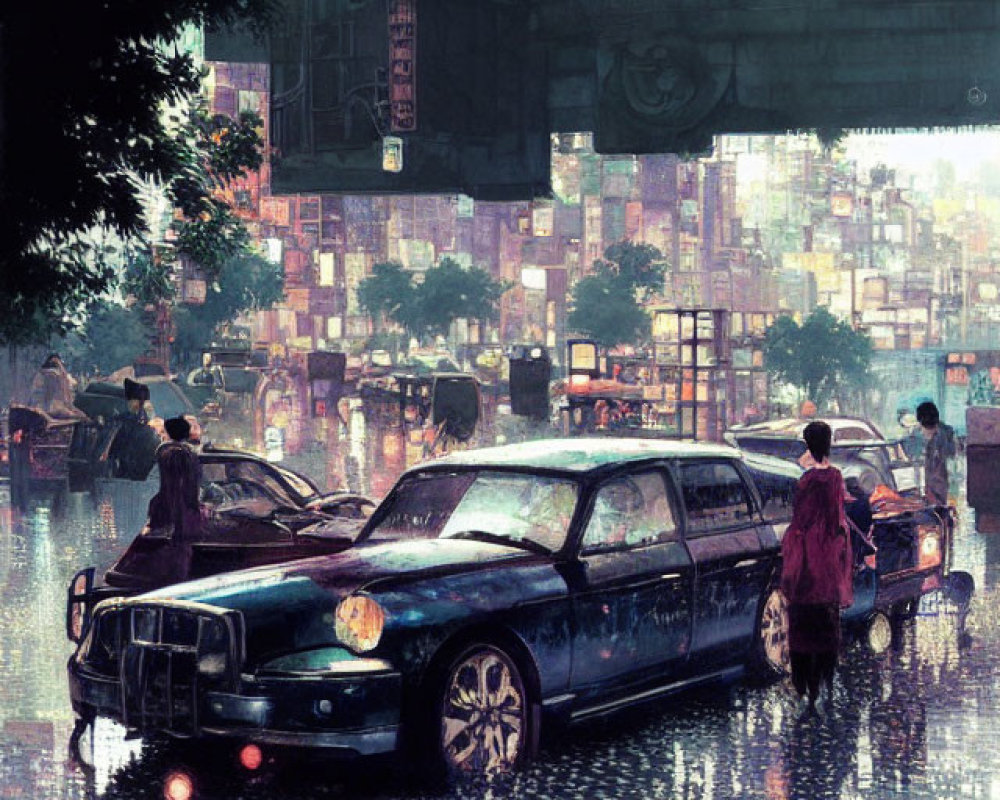 Futuristic cityscape with classic cars and neon-lit buildings