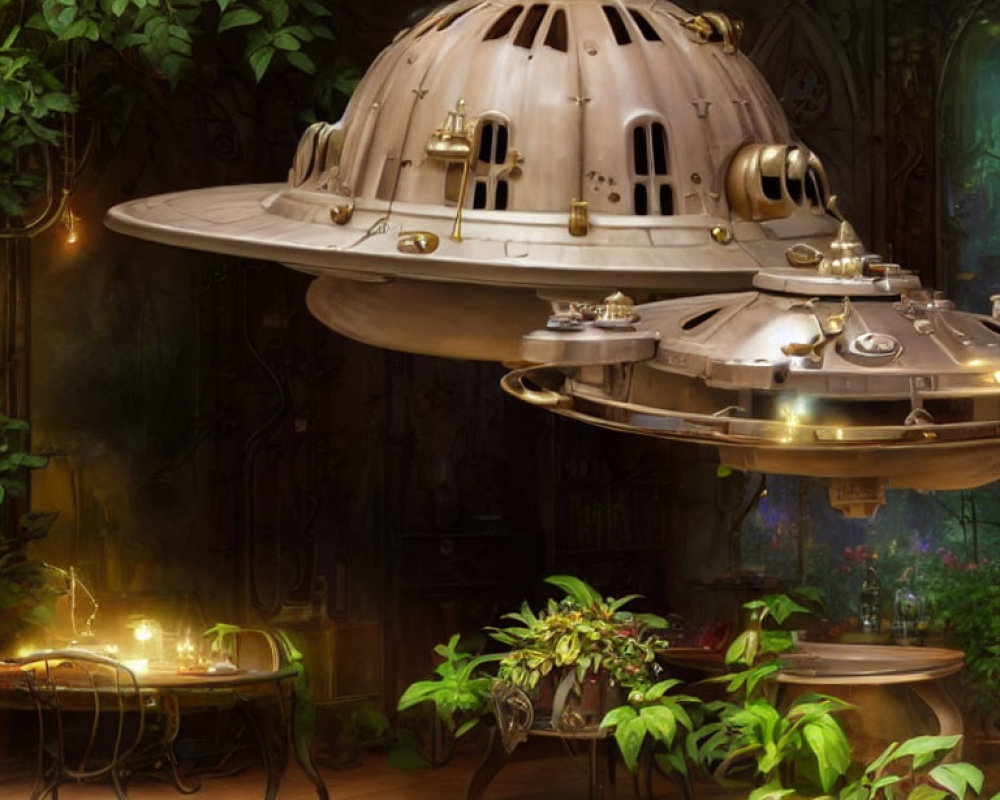 Steampunk-style hovering spacecraft in cozy room with plants & vintage furniture