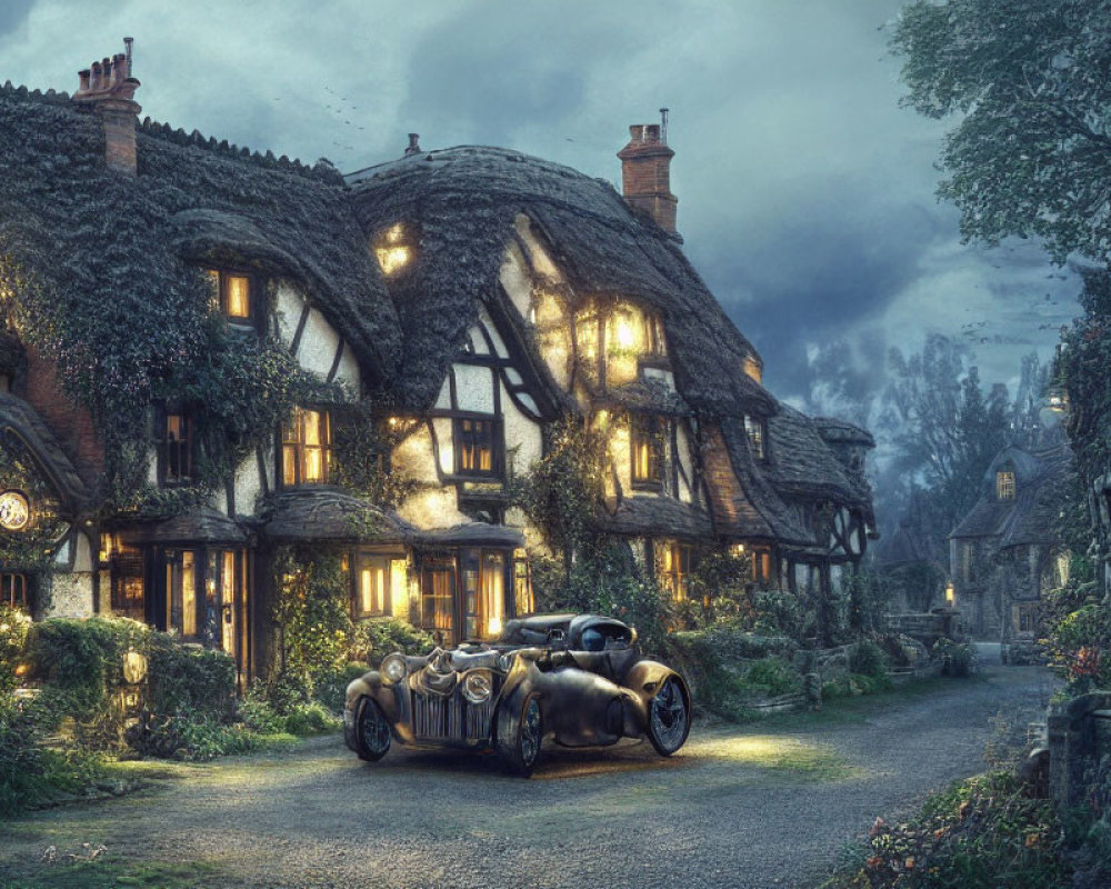 Vintage car parked by thatched-roof cottages at dusk under moody sky
