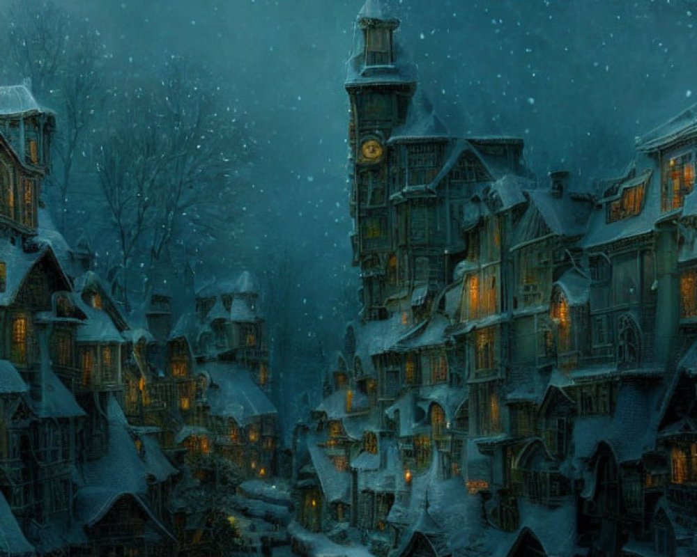 Snow-covered village with clock tower on wintry night