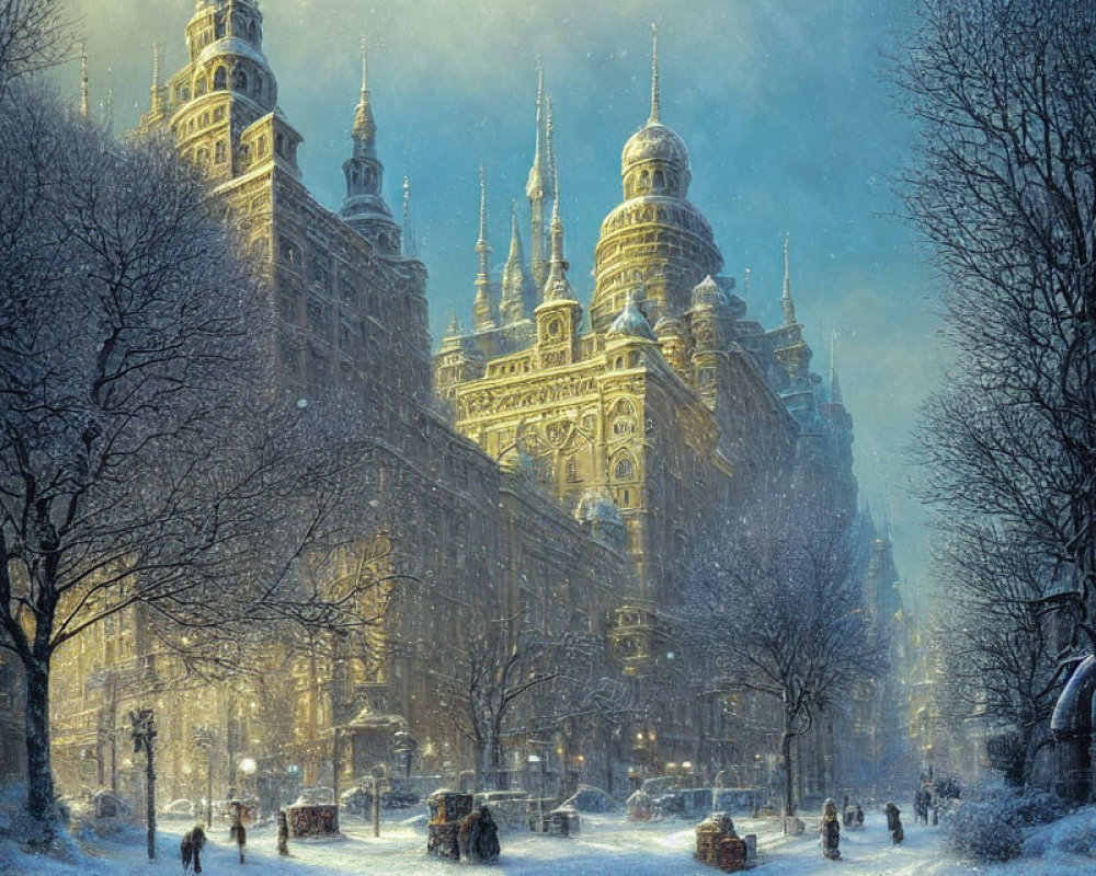 Snowfall over illuminated city street with ornate buildings and people.